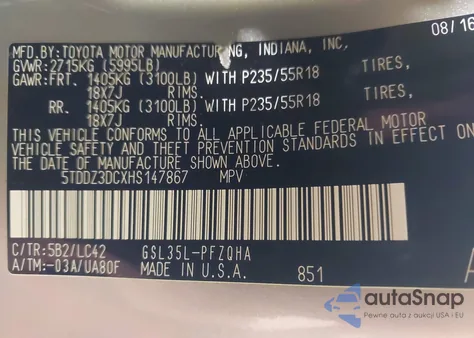 2017 Toyota Sienna Xle/Limited z USA, uszkodzony, nr VIN 5TDDZ3DCXHS147867